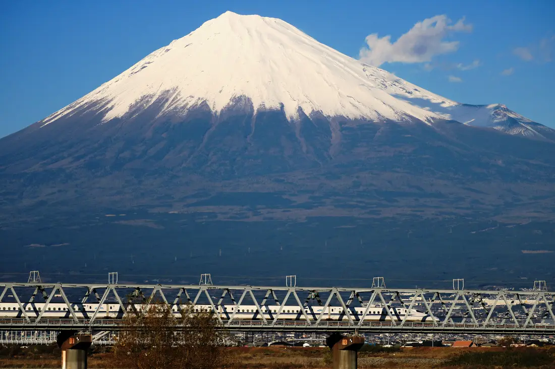 Un tren bala pasando frente al Monte Fuji