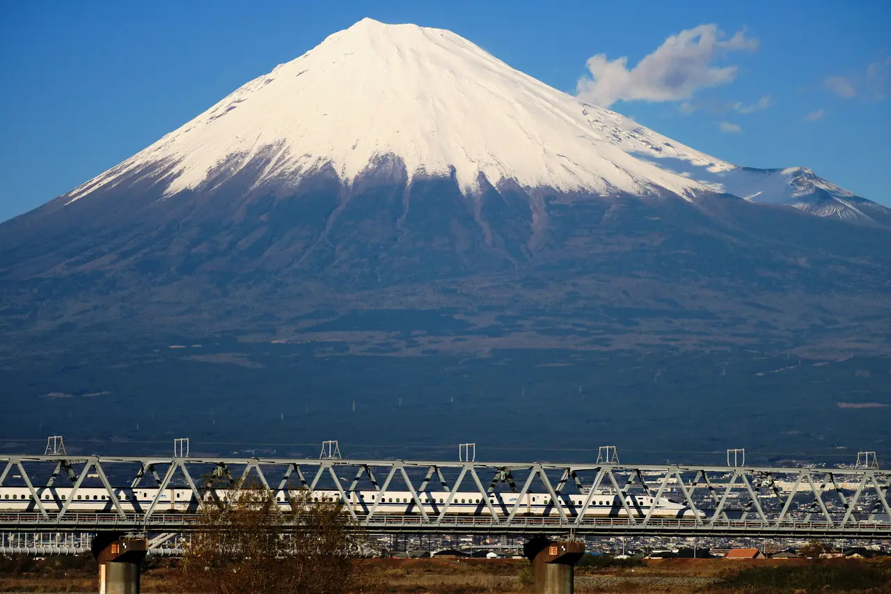 Tren bala Shinkansen N700 pasando frente al Monte Fuji nevado